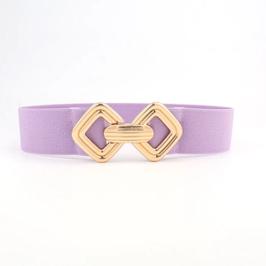 Gros plan détaillé de la ceinture élastique mauve avec boucle en métal doré