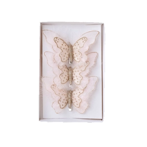 Pink feather butterfly Christmas tree ornaments with golden glitter edges, set of 3 items