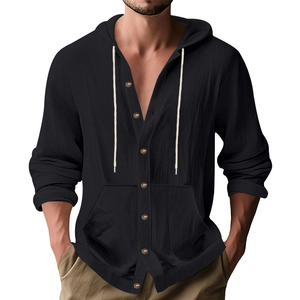 Men's loose fit black linen hooded shirt with button placket and front pockets