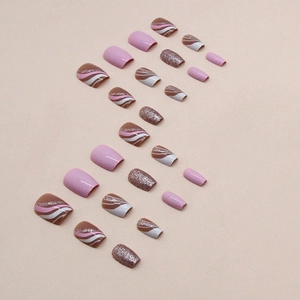 Short ballet ballerina press-on nails with pink glitter and swirl wave line pattern