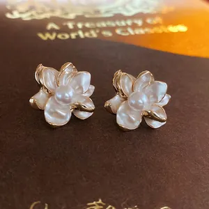 Flower Stud Earrings Alloy Enamel Artificial Pearl With 925 Sterling Silver Earring Post French Vintage Elegant For Women