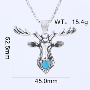 Detail view of a vintage silver deer head pendant with blue stone and product dimensions