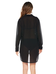 Back view of a black sheer chiffon beach cover-up with a curved hemline and long sleeves