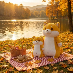 Peluches chien Shiba Inu en tailles petite et grande sur un tapis de pique-nique