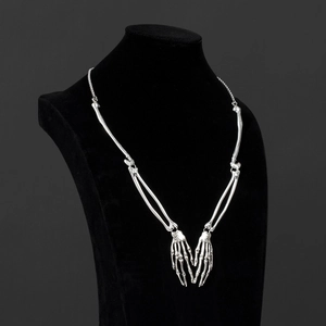 Polished silver skeleton hand heart necklace for Halloween party costume jewelry