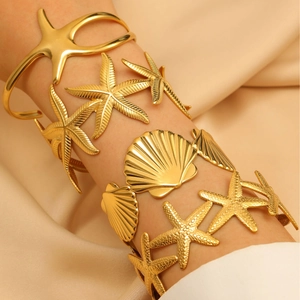 Bohemian gold starfish and seashell stainless steel bangles set for beach vacations