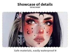 Detail show of moon and stars facial tattoo stickers with red blush effect