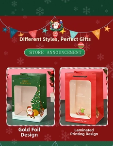 Detail of Christmas gift bags with transparent windows and gold foil Merry Christmas text
