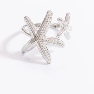 Detailed macro view of silver starfish ring with textured metallic ocean design
