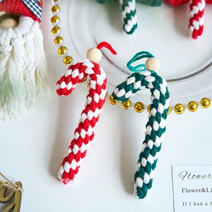 Handmade woven cotton Christmas ornaments featuring candy canes and gnome pendants with wood beads