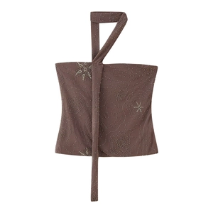Top a fascia sexy in mesh marrone scuro con ricami di perline e scollo halter
