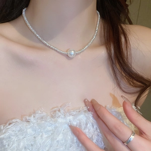Minimalist silver geometric choker necklace featuring a round pearl pendant for women