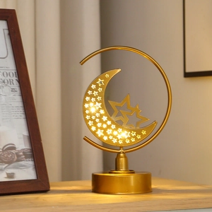 LED Moon Star Iron Decorative Night Light Hollow Table Lamp For Ramadan Christmas Festival Home Desktop Ornament Warm White