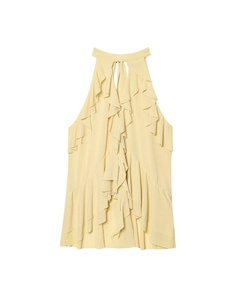 Detailed front view of light yellow halter top featuring multi-layered ruffle design