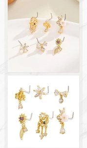 L-shape 18k gold plated copper nose studs set with zircon flowers and moon charms