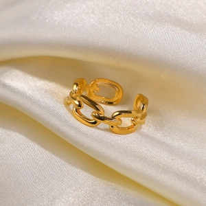 18K gold plated stainless steel chain link open ring for women on beige silk fabric