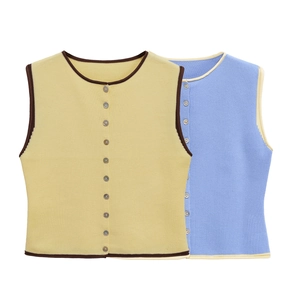 Gilet Sans Manches En Tricot Pour Femmes Bordure Contrastée Col Rond Boutonné Débardeur Décontracté