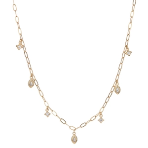 Detail of gold paperclip chain necklace with marquise and square zircon charms