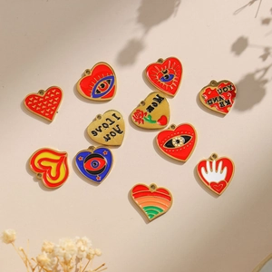 304 stainless steel heart pendants with colorful enamel patterns for DIY jewelry making