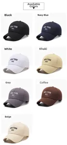 Detailed view of embroidery cotton baseball caps available in seven different colors