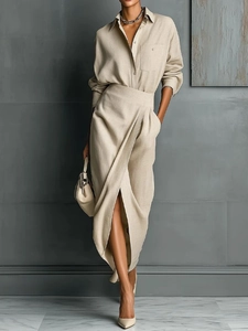 Elegant Women Beige Long Sleeve Shirt And Irregular Wrap Slit Midi Skirt Polyester Linen Blend Minimalism Commute