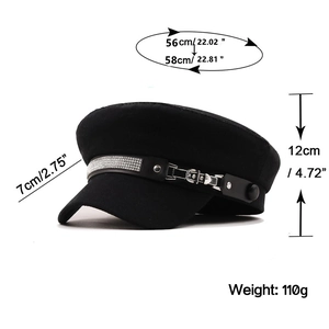 Fashionable black baker boy hat with rhinestone strap and detailed size measurements