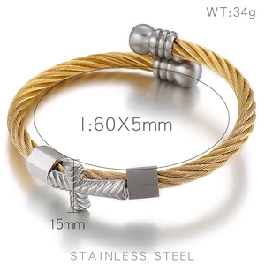 Titanium steel wire wrap bracelet with cross charm in gold and silver finish