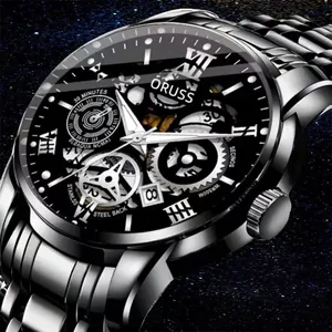 Luminous automatic mechanical men's watch with hollow skeleton dial and steel strap