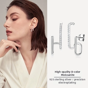 Detailed view of S925 sterling silver geometric earrings with D-color Moissanite stones