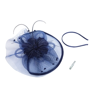 Dark blue fascinator hat with feather flowers and mesh, including headband and hair clip