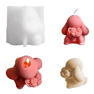 Big Ear Rabbit Holding Flower Silicone Mold 3D Animal Bouquet Scented Candle DIY Plaster Ornament Handmade Craft Tool