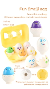 Detail of educational matching egg toys with colorful emoji chicks and shape sorting