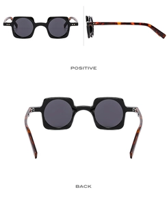 Multi-angle views of square punk sunglasses with black frames and tortoiseshell temples