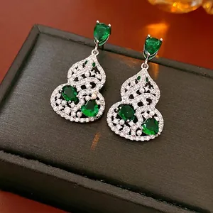 Hollow Gourd Drop Earrings With Green Zircon Artificial Pearl Copper Silver Earring Post Chinese Style Vintage Luxury For Women