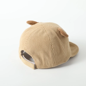Detailed back view of baby corduroy cap showing bear ears and adjustable strap
