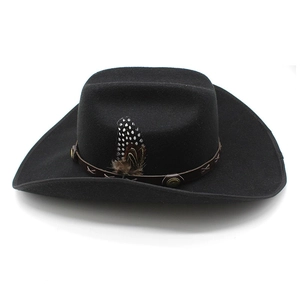 Classic black wool felt cowboy hat with leather studded band and decorative feather