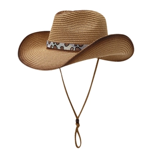 Women's woven straw cowboy hat featuring leopard print sequin band and adjustable chin strap
