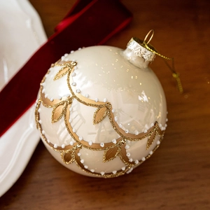 8cm hand-painted cream glass Christmas ball with gold glitter leaf patterns and hanging loop