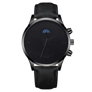 Men's business watch with black leather strap and moon phase dial on white background
