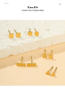 Set of five gold geometric stud earrings in square round and triangle shapes