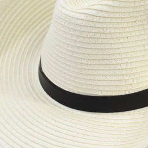 Close-up of the fine woven texture and black ribbon band on a cream straw sun hat