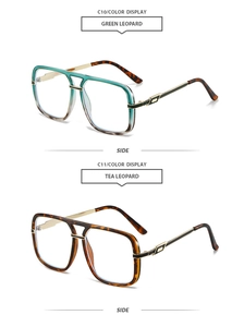 Detail view of stylish double-bridge square sunglasses in green and tea leopard patterns