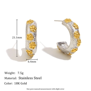 Boucles d'oreilles créoles C en acier inoxydable doré 18K avec motif floral et mesures
