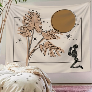 Bohemian skull tapestry with sun and leaf patterns for minimalist bedroom wall decor
