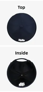 Detail view of navy canvas docker hat with white embroidery and breathable mesh lining