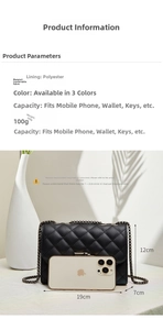 Detail view of black quilted chain bag dimensions 19cm x 12cm with flap closure