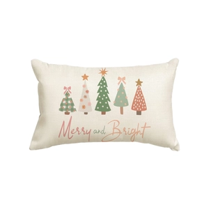 Linen Christmas pillow case with five colorful trees and Merry and Bright text