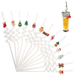 Close-up of clear spiral straws with colorful Christmas characters and glass display