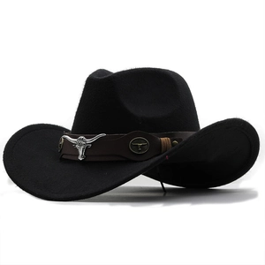 Classic black wool western cowboy hat with brown faux leather band and silver bull ornament