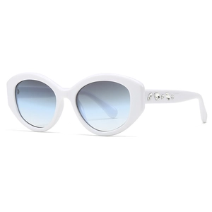 Oval narrow white sunglasses with blue gradient lenses and rhinestone-set temples